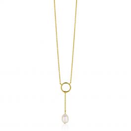 Zinzi Gold Plated Zilveren Y Ketting Met Open Rondje En Bungelend Witte