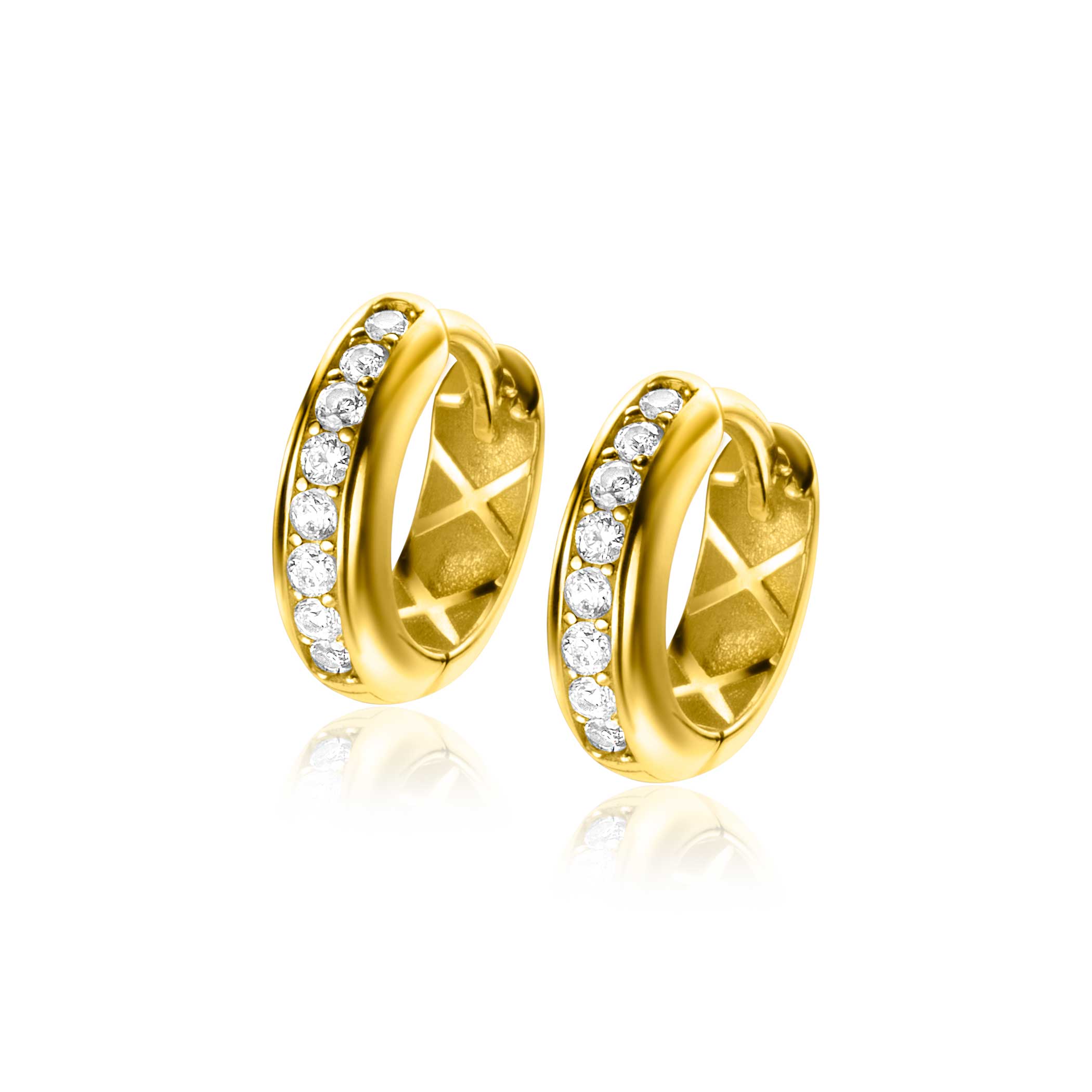 13mm ZINZI Gold 14 krt gouden oorringen 13mm met brede buis 3,8mm en bezet met witte zirconia's in railzetting. Met luxe klapsluiting ZGO435