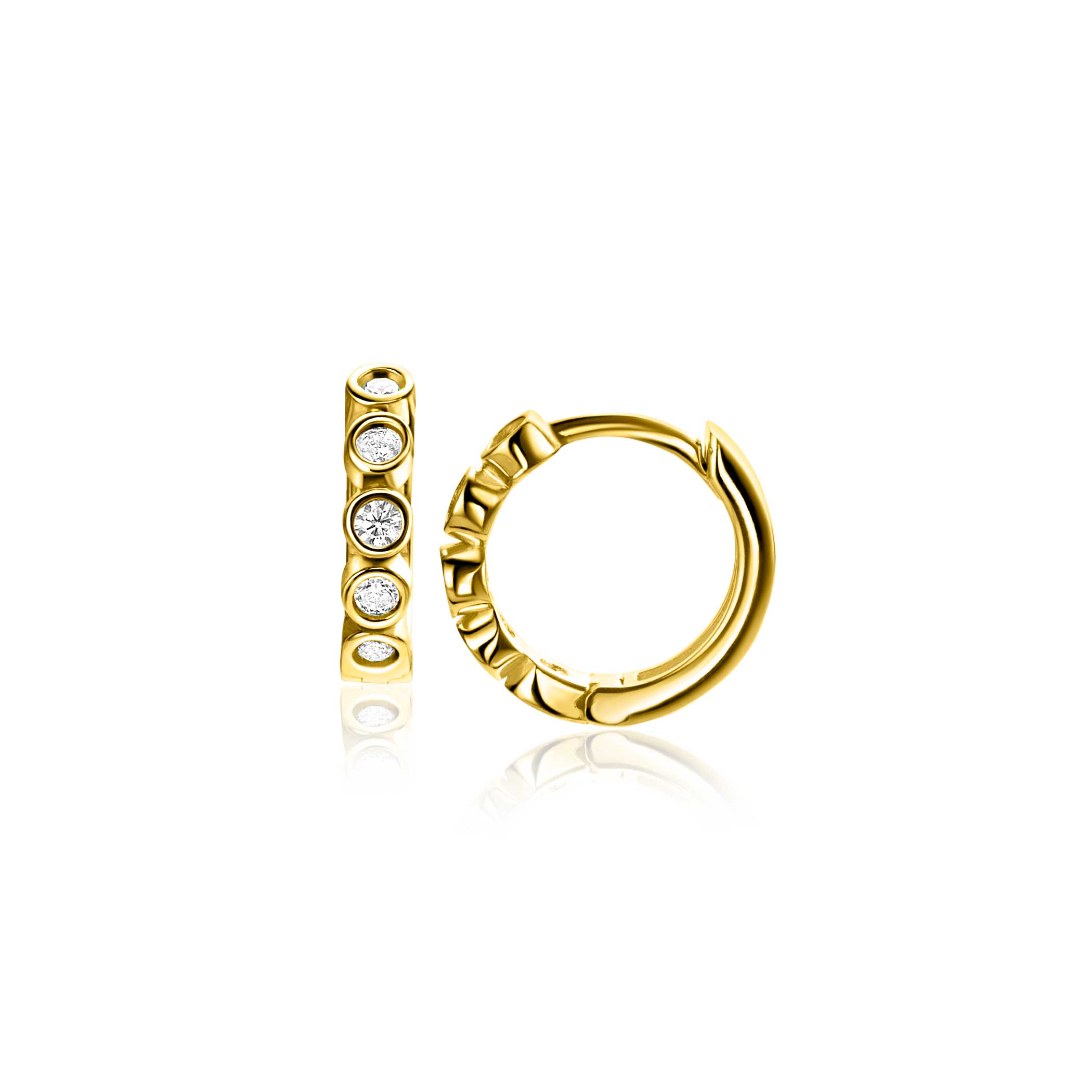 13mm ZINZI Gold 14 krt gouden oorringen met ronde zettingen bezet met witte zirconia's, luxe klapsluiting 13mm x 2,7mm buis ZGO507
