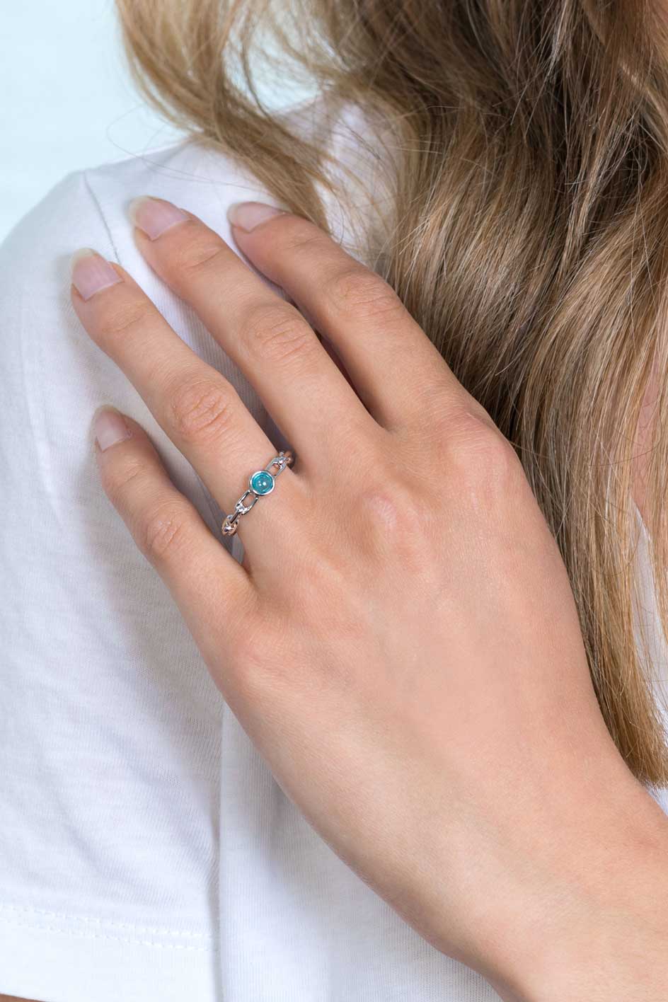 ZINZI zilveren ring paperclip schakel turquoise blauw rond ZIR2173