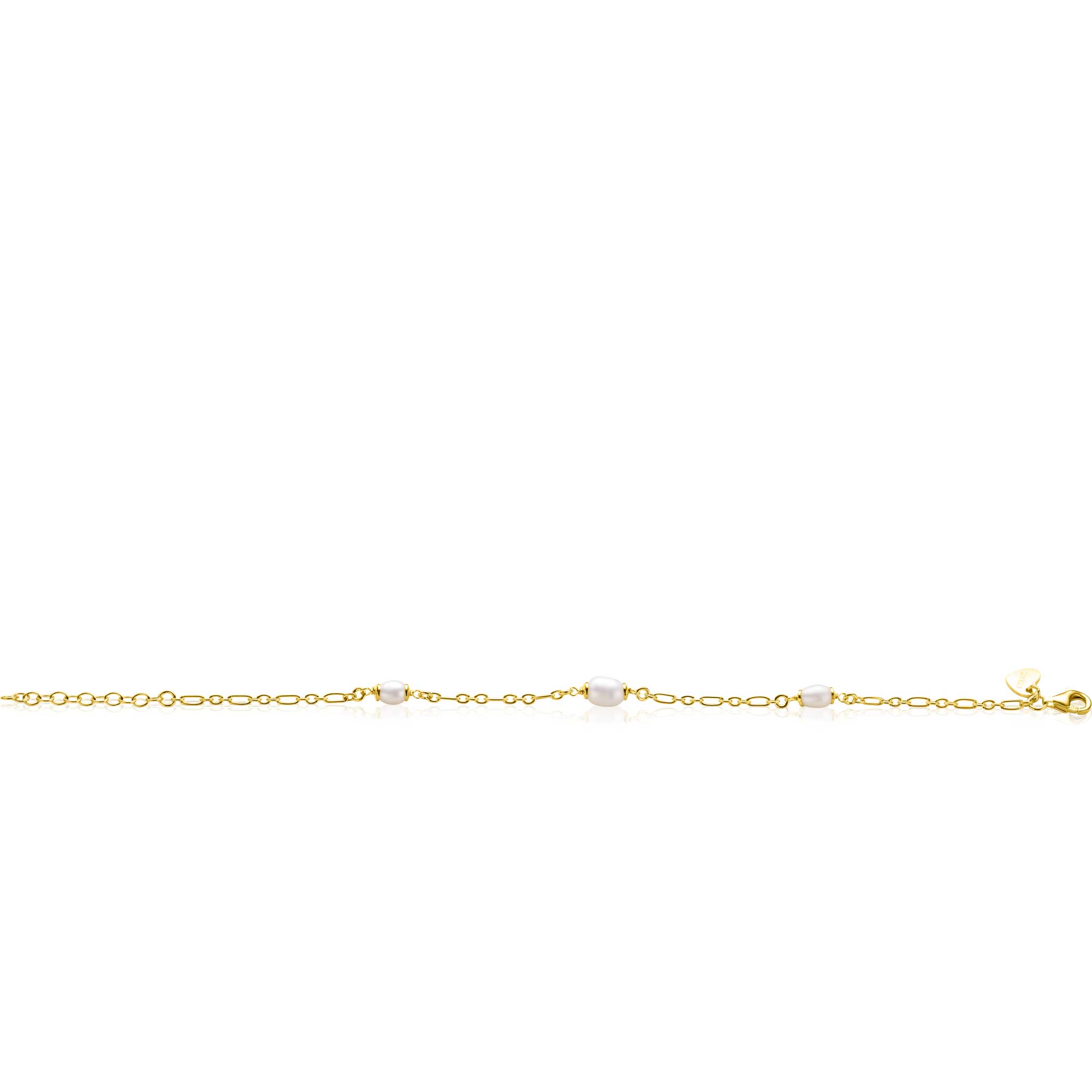 ZINZI gold plated zilveren schakelarmband met drie ovale witte zoetwaterparels 17-20cm ZIA2588