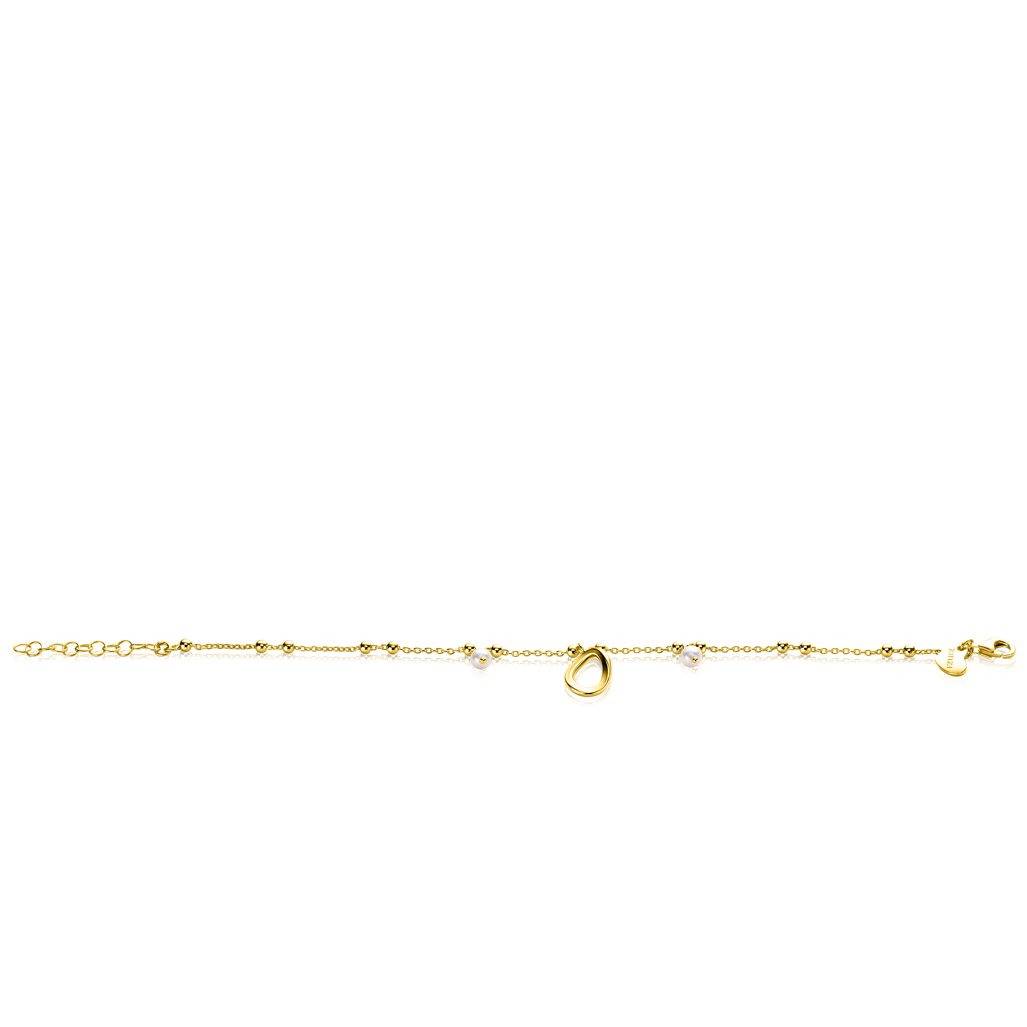 ZINZI gold plated zilveren fantasie armband met 15 kleine bolletjes, twee bungelende witte pareltjes en met speelse organische open vorm in het midden 17-20cm ZIA2405