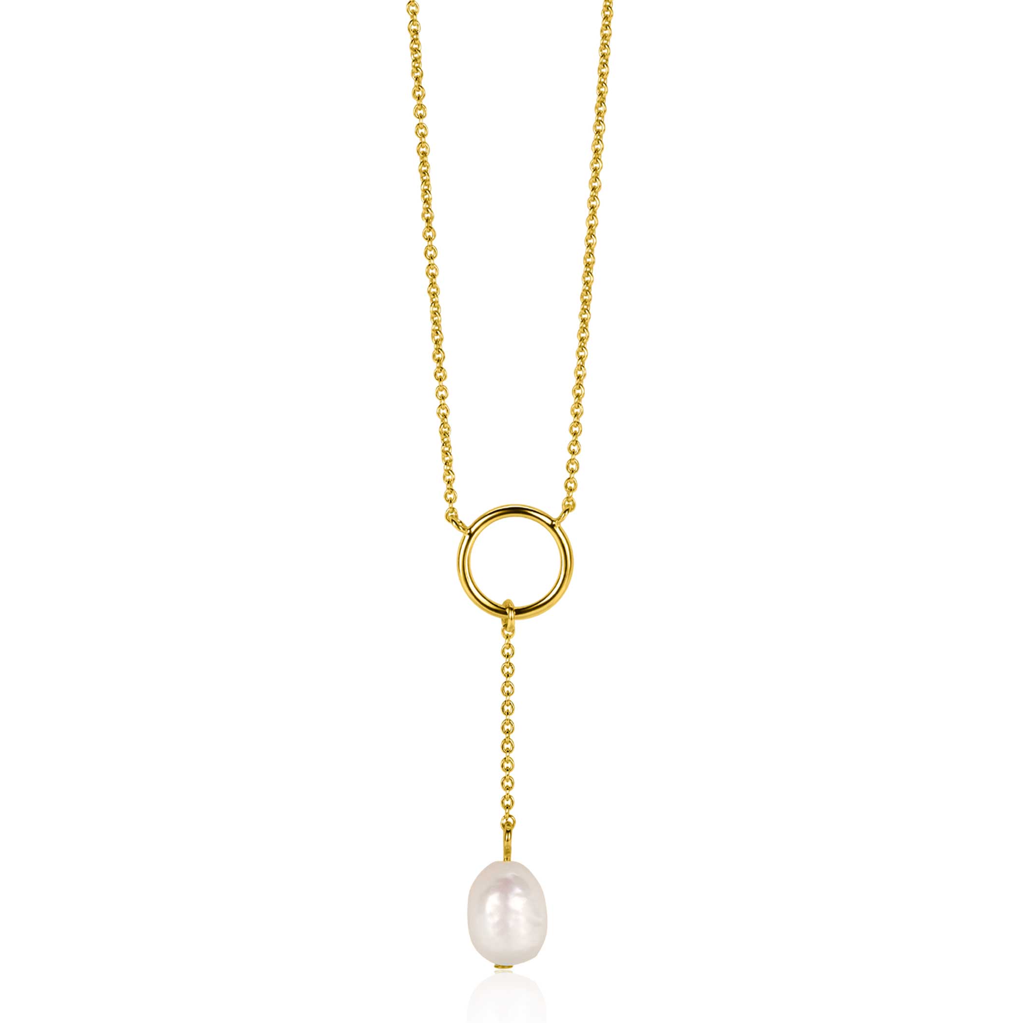 ZINZI gold plated zilveren Y-ketting met open rondje en bungelend witte zoetwaterparel in organische vorm 42-45cm ZIC2615