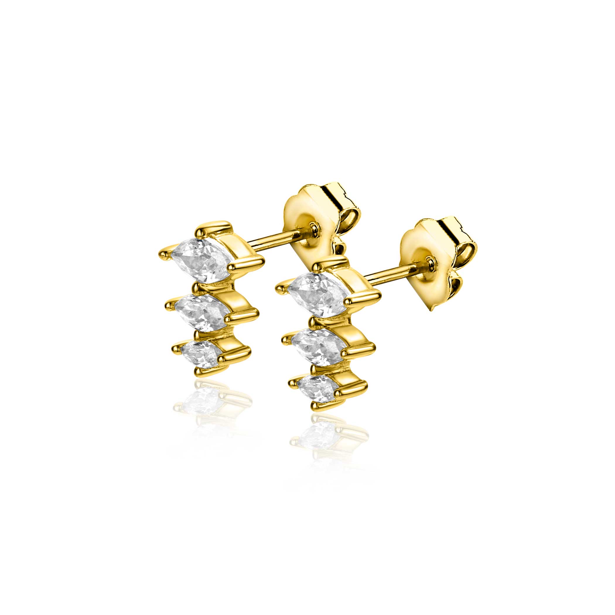 8mm ZINZI gold plated zilveren oorstekers met drie peervormige zettingen in aflopende grootte, bezet met witte zirconia's ZIO2631