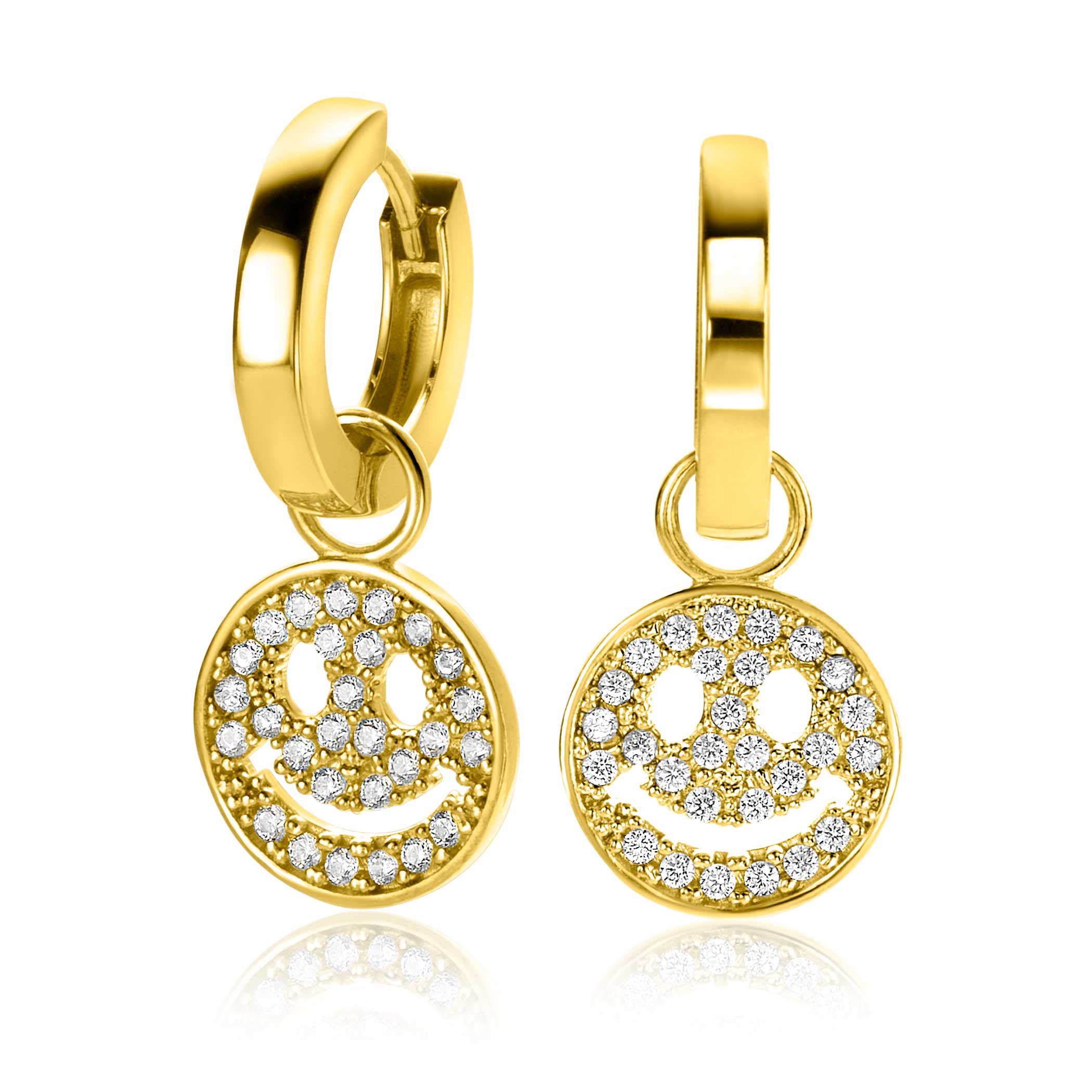 13mm ZINZI gold plated zilveren oorbedels smiley rond met witte zirconia's ZICH2313Y (zonder oorringen)