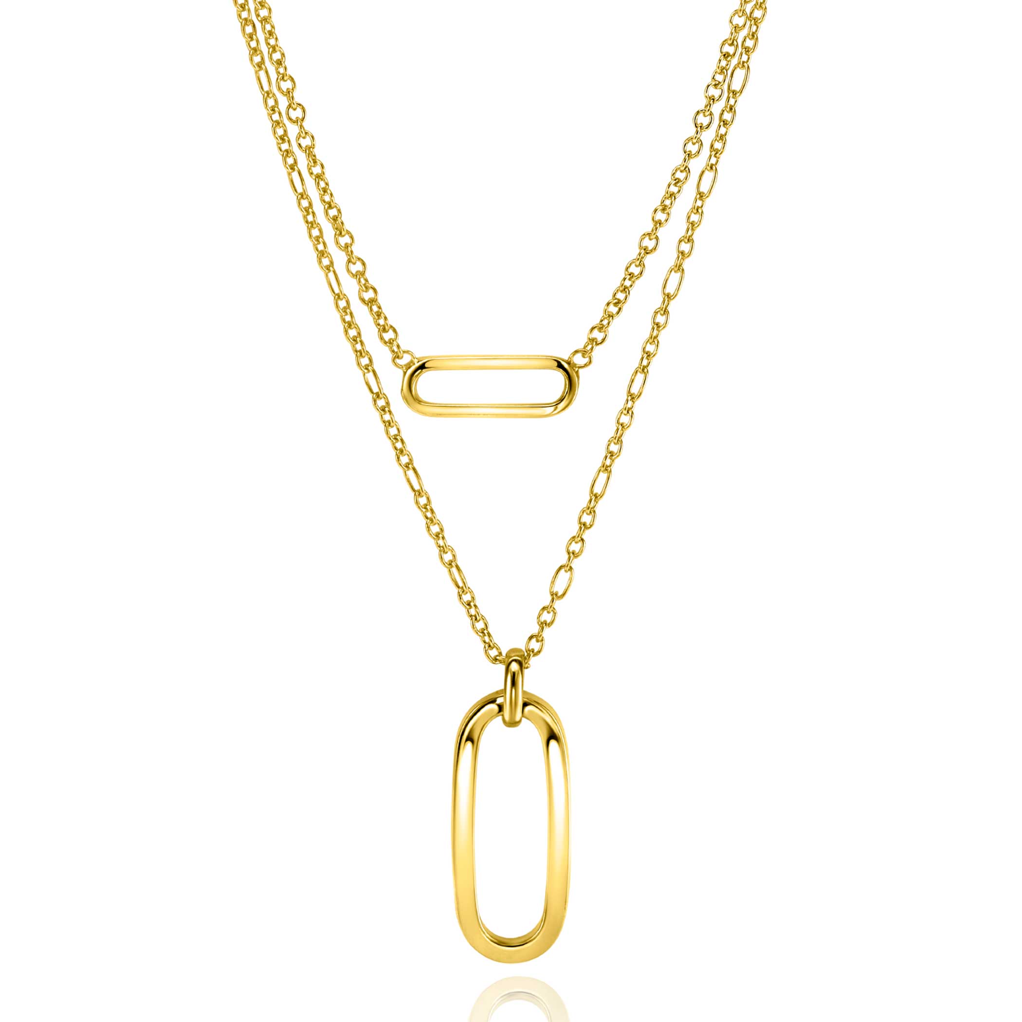 ZINZI gold plated zilveren multilook ketting 43cm met figaro en jasseron schakels en open ovale hangers ZIC2534G