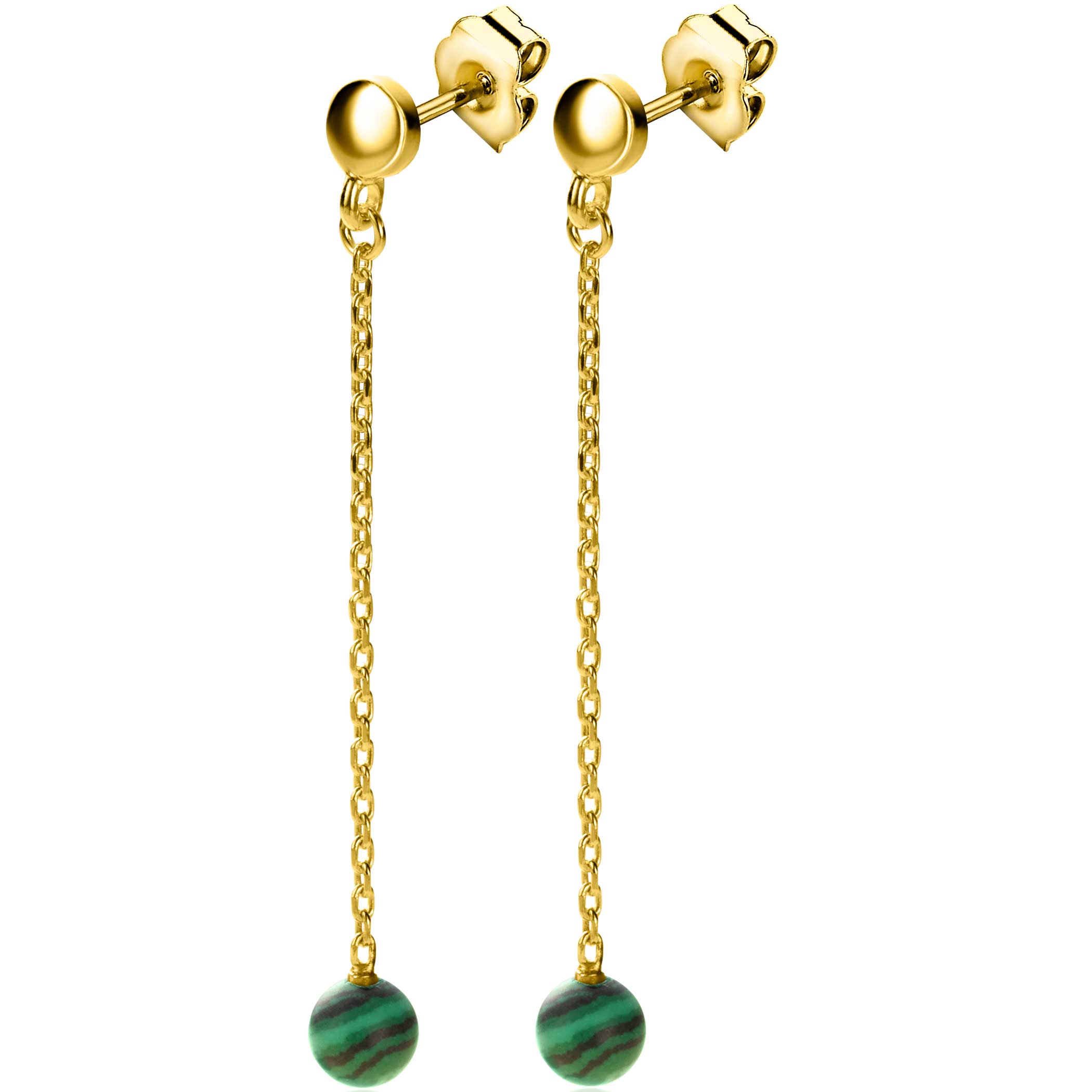 56mm ZINZI gold plated zilveren oorstekers met schakelkettinkje en bolletje van groene kleursteen ZIO-BF92