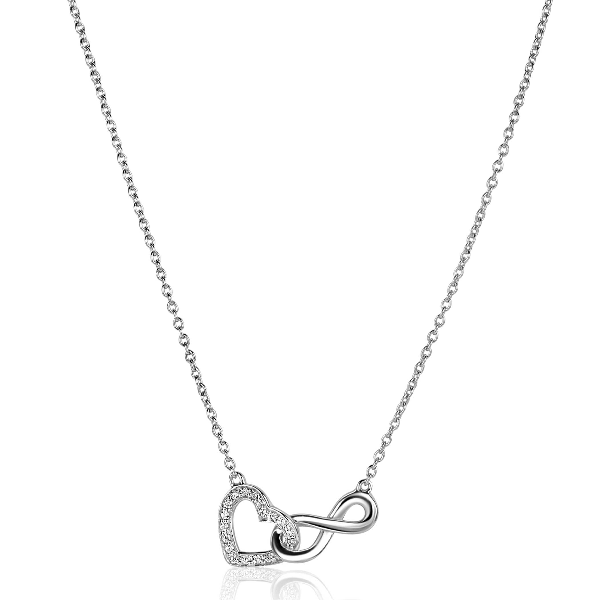 ZINZI zilveren ketting met Infinity teken verbonden met een open hart, bezet met witte zirconia's 42-45cm ZIC2596