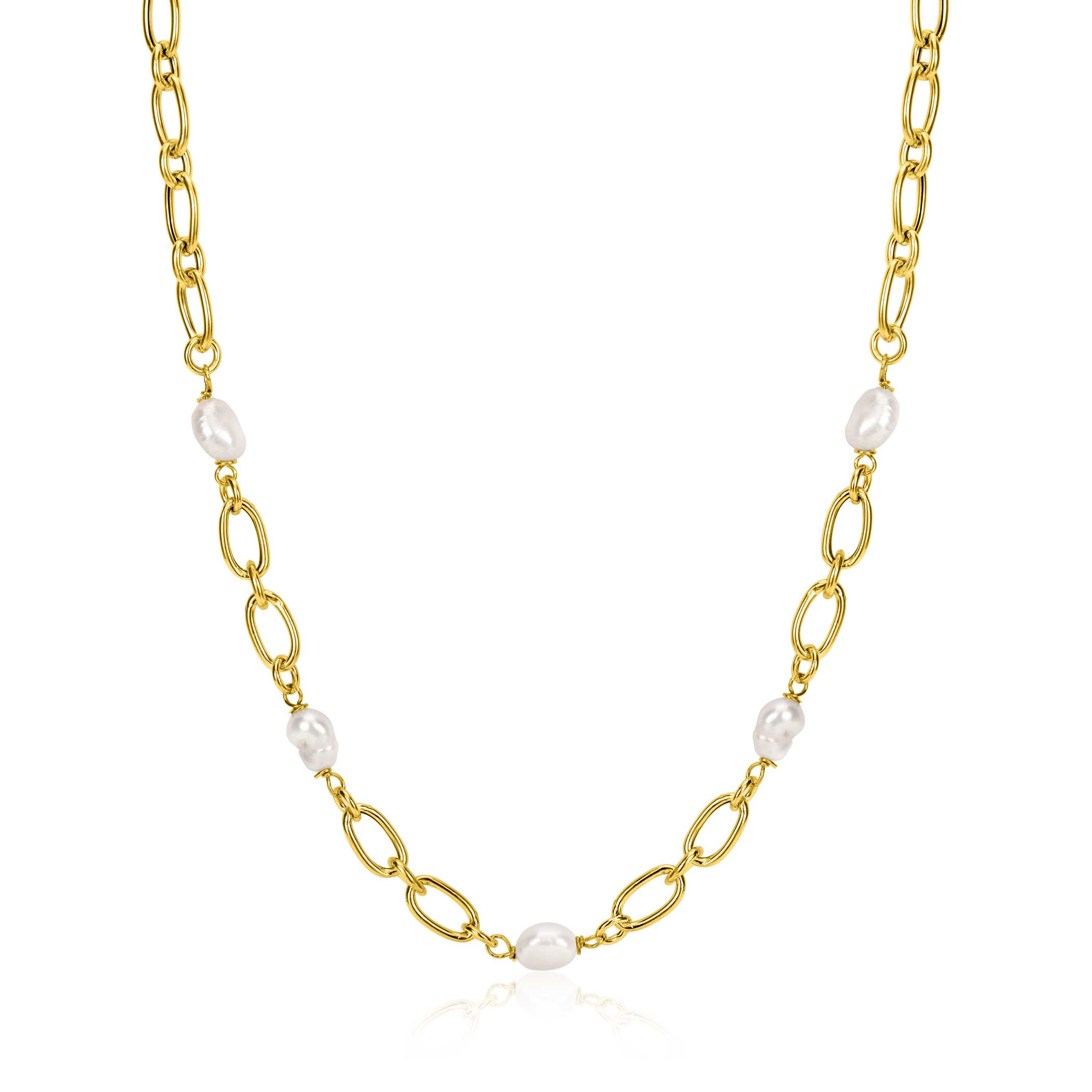 ZINZI gold plated zilveren schakel ketting met witte zoetwaterparels 49cm ZIC-BF112G