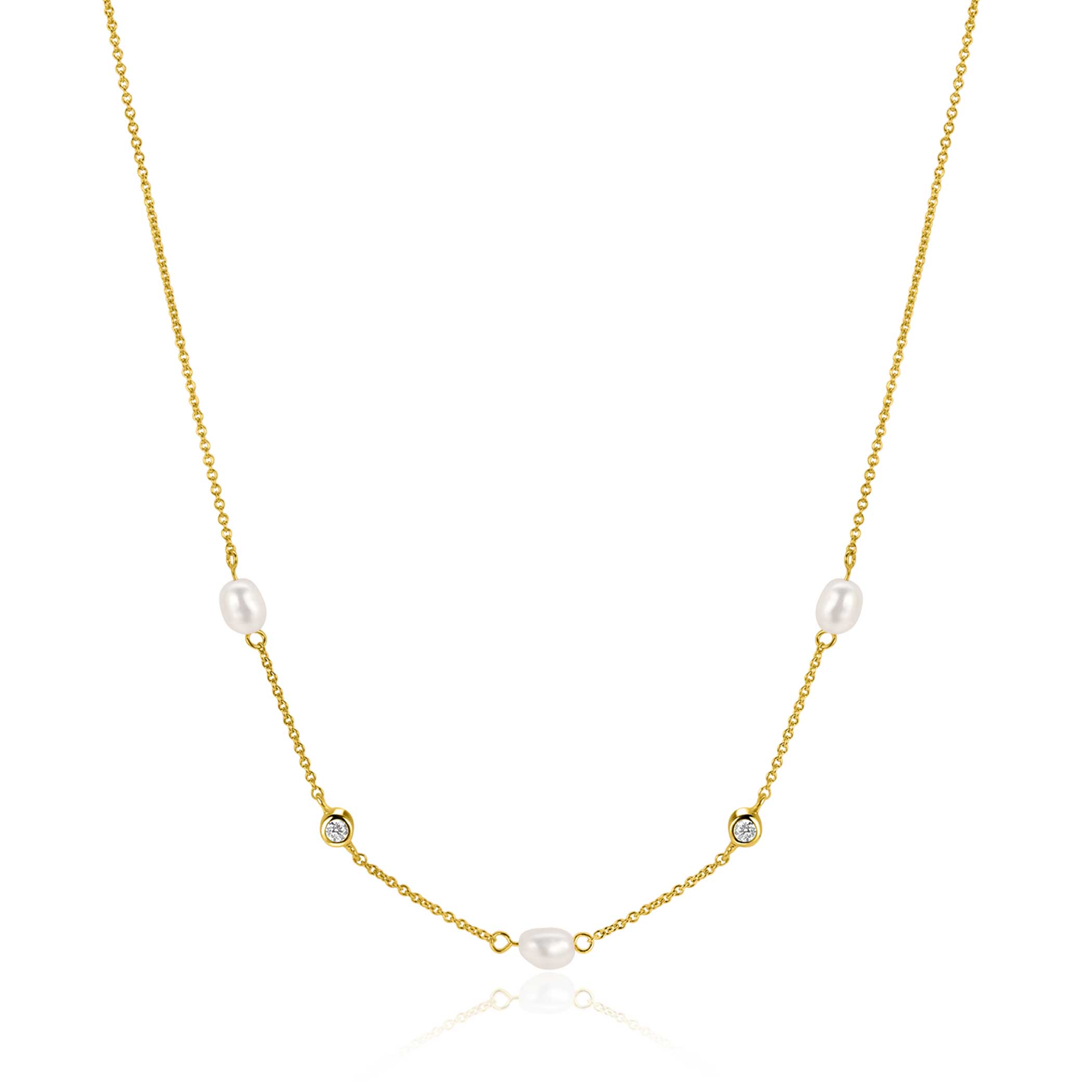 ZINZI gold plated zilveren jasseron ketting met ovale witte zoetwaterparels en witte zirkonia's 42-45 cm ZIC2657