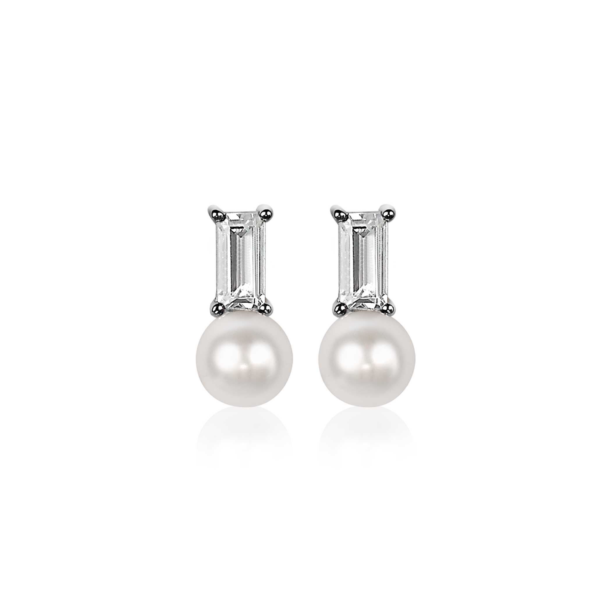 ZINZI zilveren witte parel oorknoppen met witte baquette geslepen zirconia ZIO2135