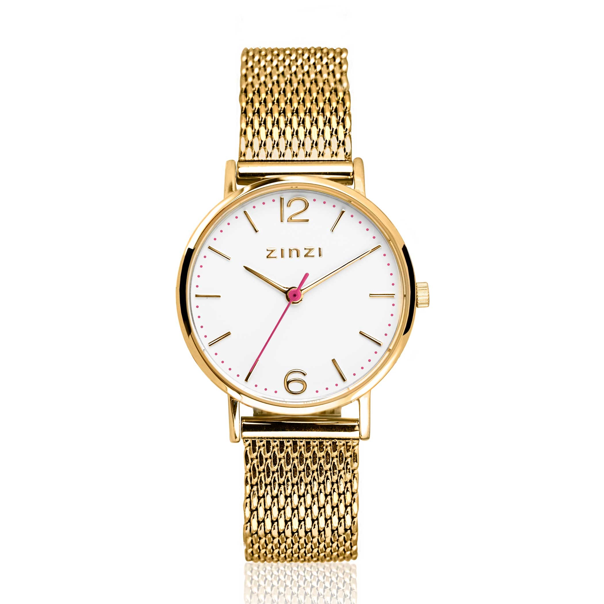 ZINZI Lady horloge witte wijzerplaat stalen kast geelgoudkleurig stalen mesh band geelgoudkleurig 28mm extra dun ZIW607M