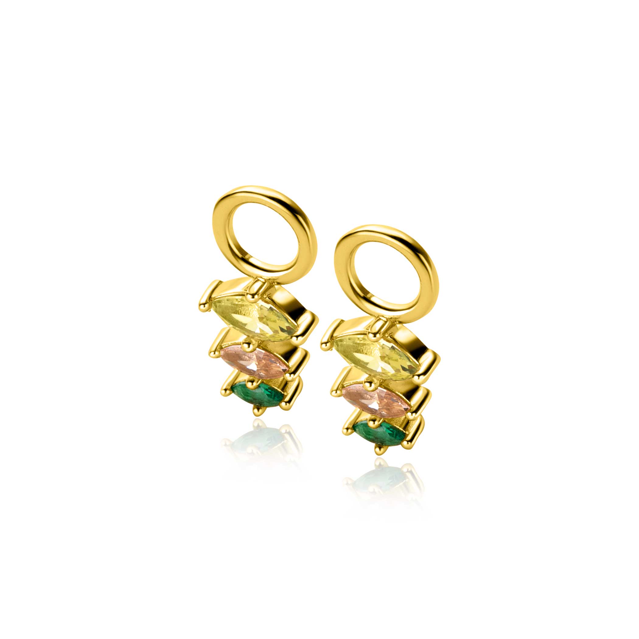 13mm ZINZI gold plated zilveren oorbedels met drie peervormige zettingen in aflopende grootte, bezet met peridot, champagne en donkergroene kleurstenen ZICH2631GC (zonder oorringen)