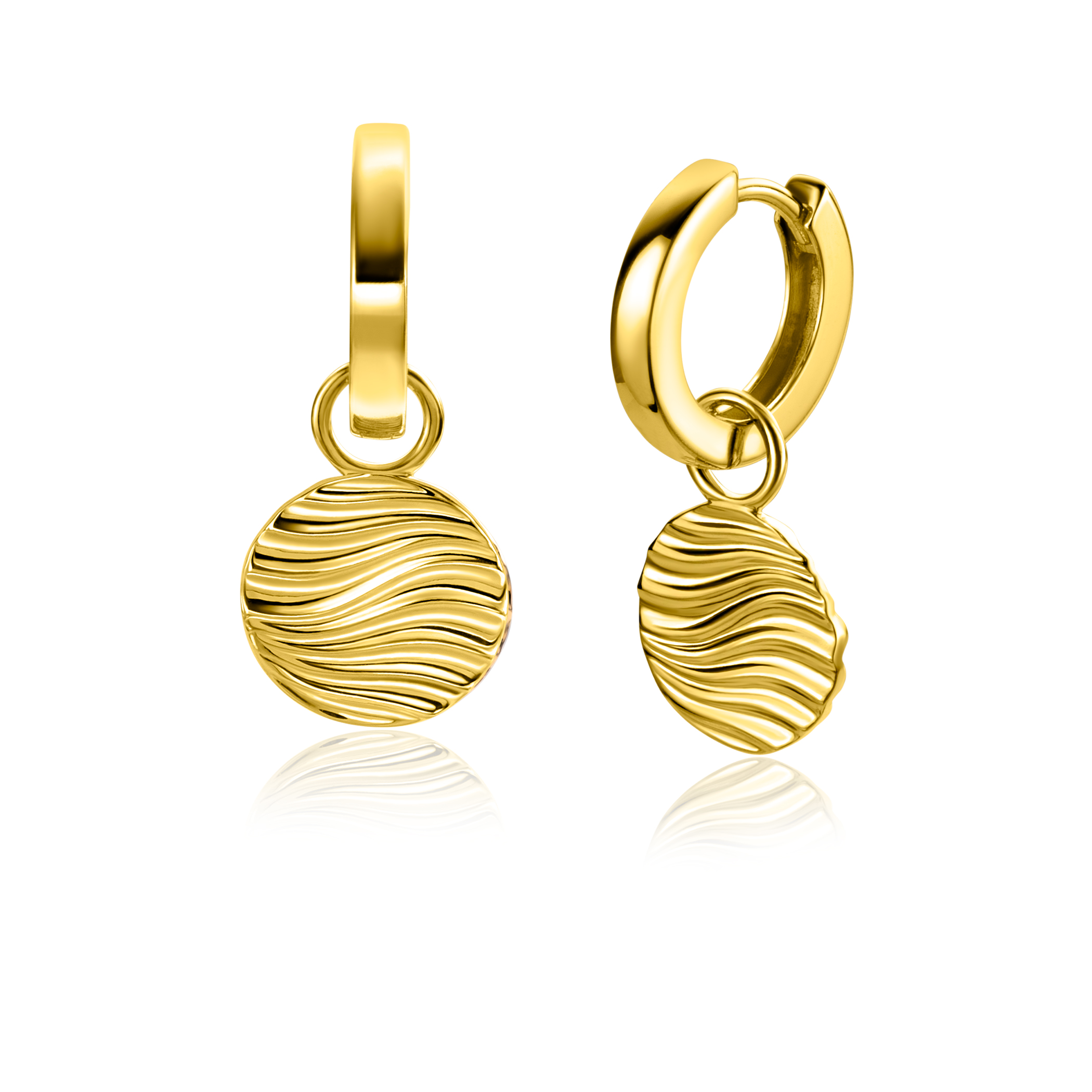 12mm ZINZI gold plated zilveren oorbedels rond met sierlijke golven als bewerking ZICH2450 (zonder oorringen)