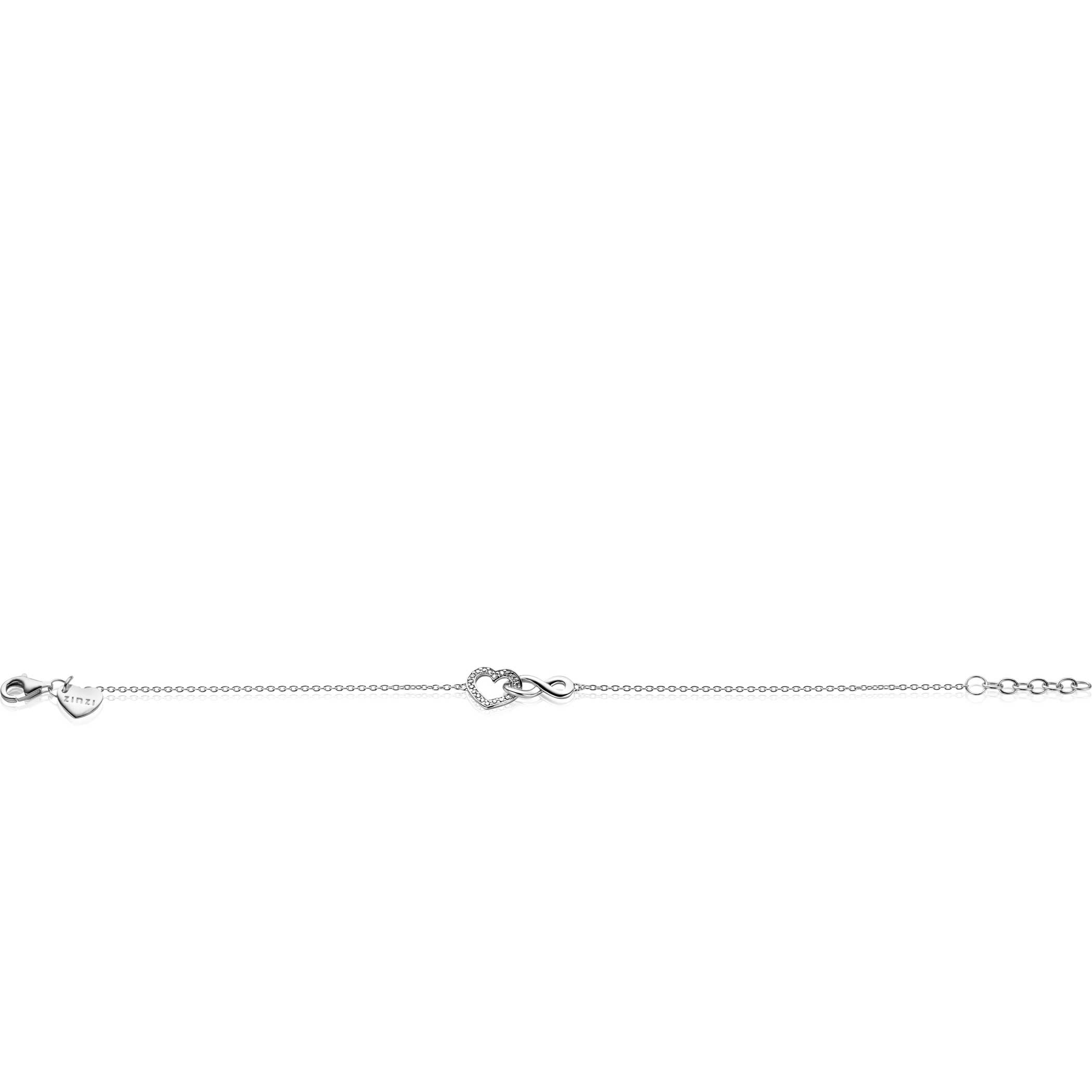 ZINZI zilveren armband met Infinity teken verbonden met een open hart, bezet met witte zirconia's 17-19cm ZIA2596