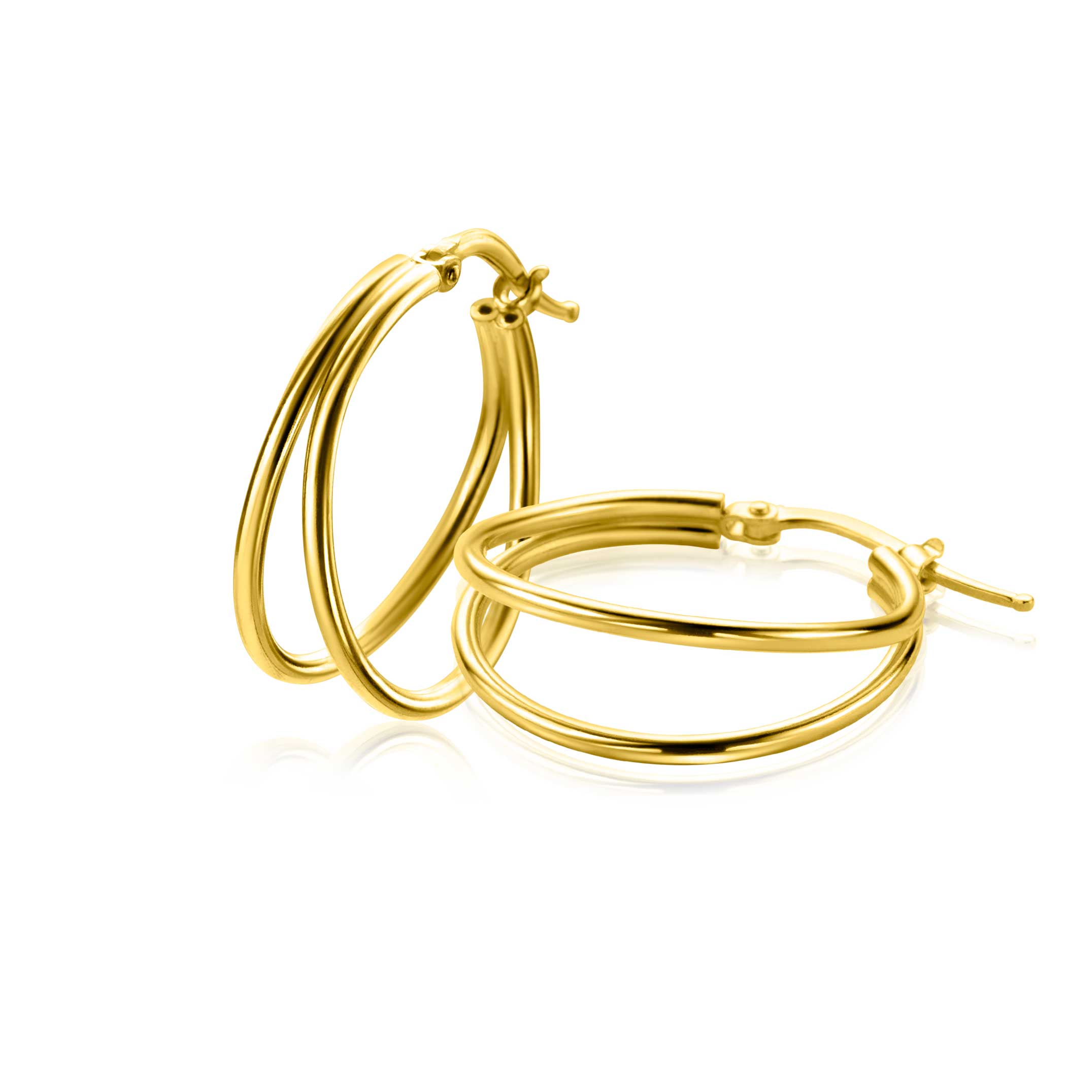 23mm ZINZI gold plated zilveren multi-look oorringen met een trendy dubbele buis en handige bovensluiting ZIO-BF114G