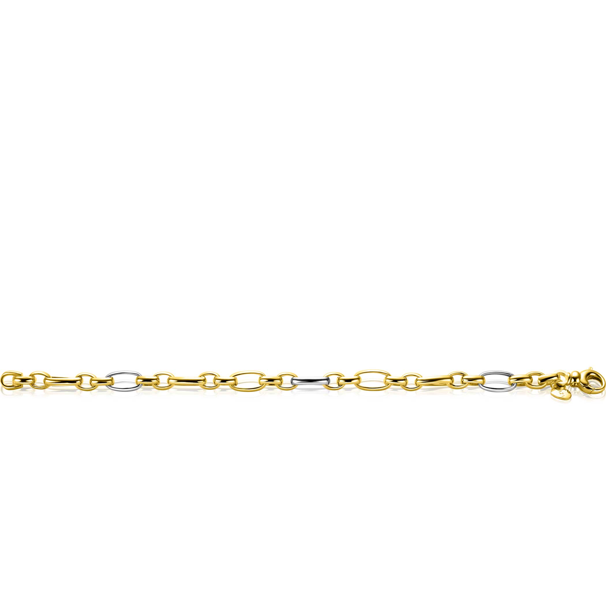 ZINZI bicolor schakelarmband (7mm breed) met afwisselend gold plated jasseron schakels en grote zilveren ovale schakels 19cm ZIA2639