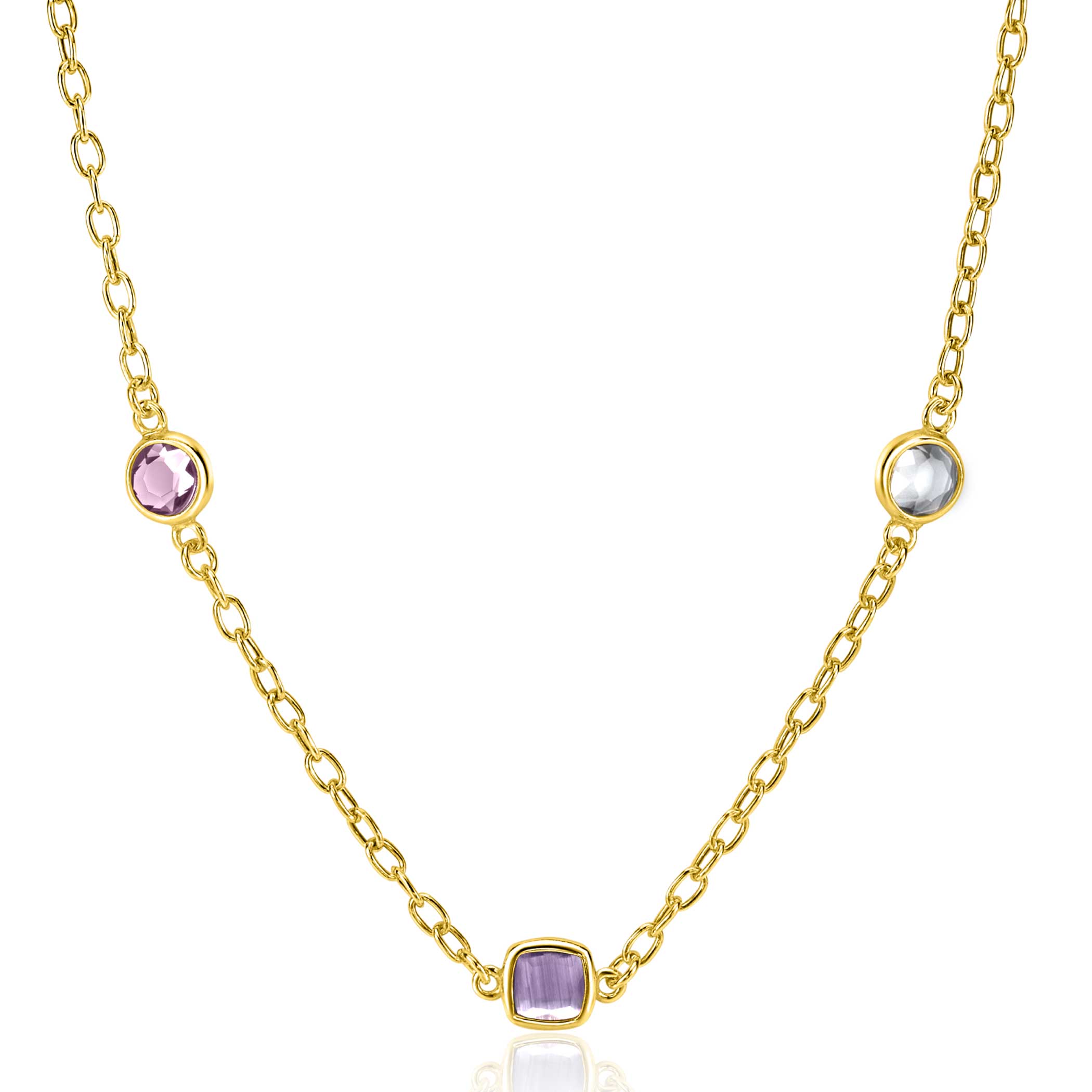 ZINZI gold plated zilveren schakelketting met ronde en vierkante zettingen pastel en paars 42-45cm ZIC2525G