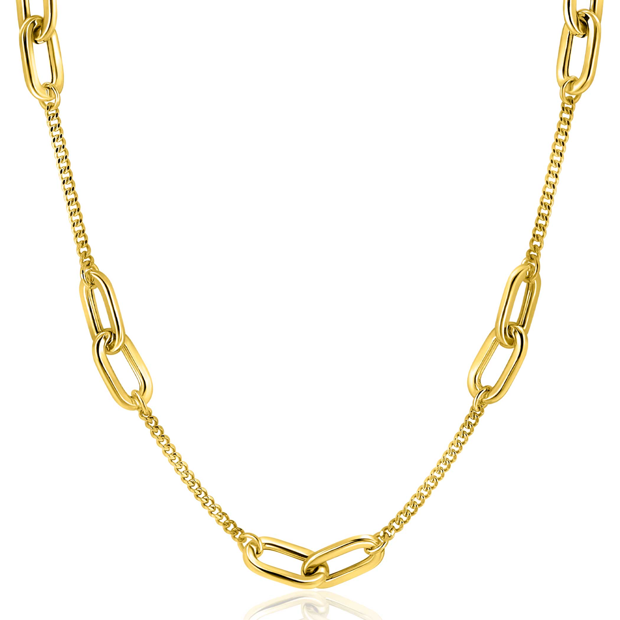 ZINZI gold plated zilveren ketting met gourmet schakels, afgewisseld met grotere ovale schakels 42-45cm ZIC2412G