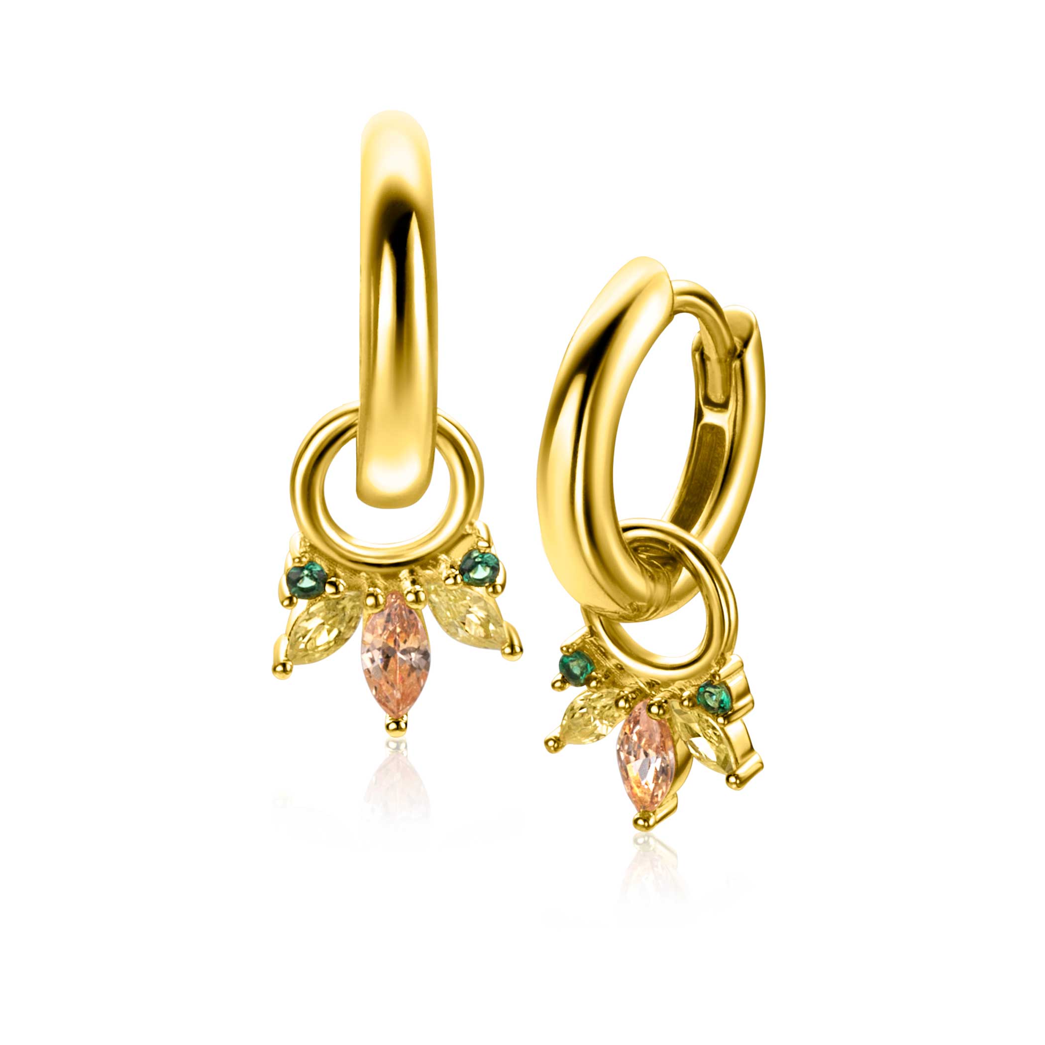10mm ZINZI gold plated zilveren oorbedels met vijf speelse zettingen in aflopende grootte, bezet met champagne, peridot en donkergroene kleurstenen ZICH2633GC (zonder oorringen)
