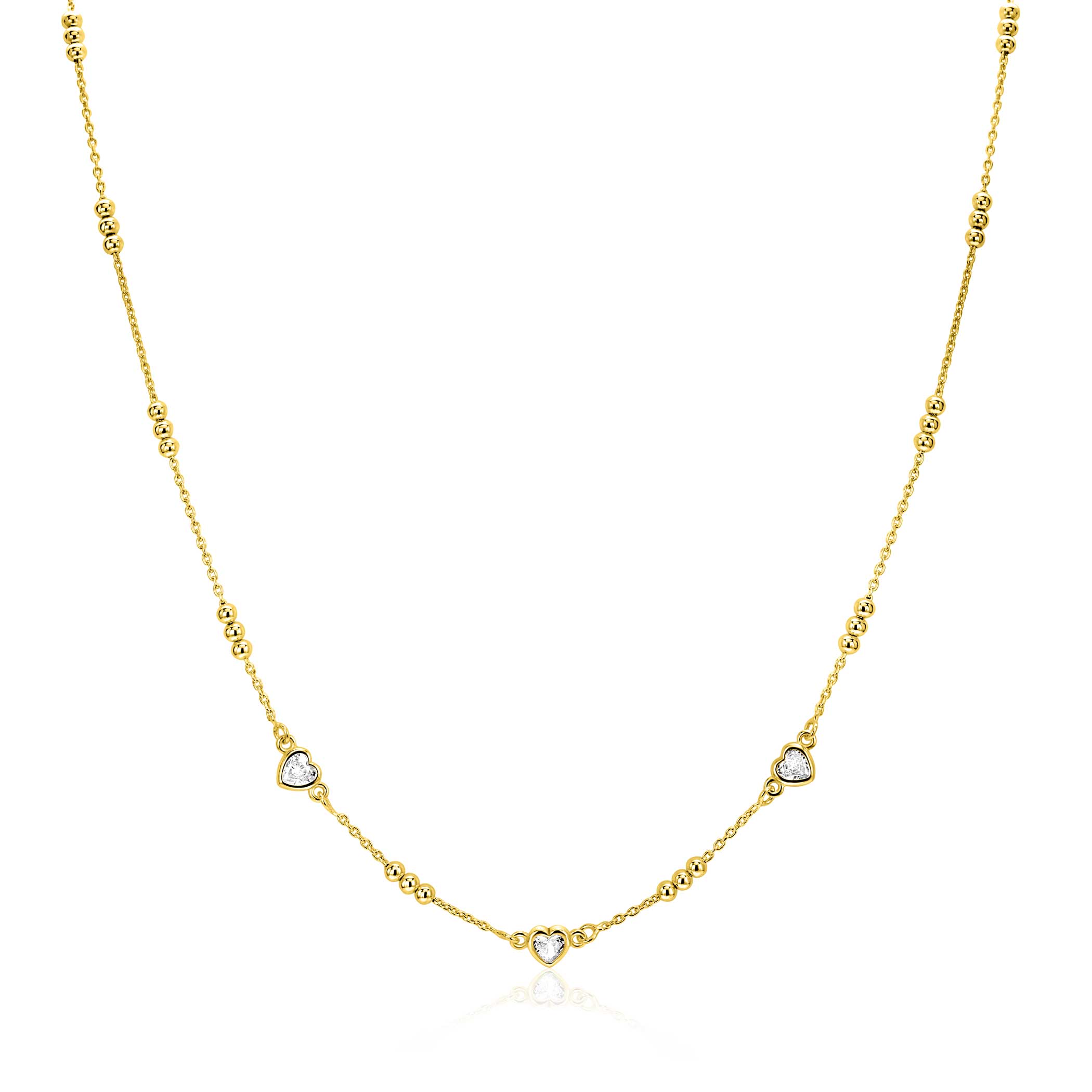 ZINZI gold plated zilveren schakelketting met trio-bolletjes en drie hartvormige witte zirkonia's 40-45cm ZIC2679