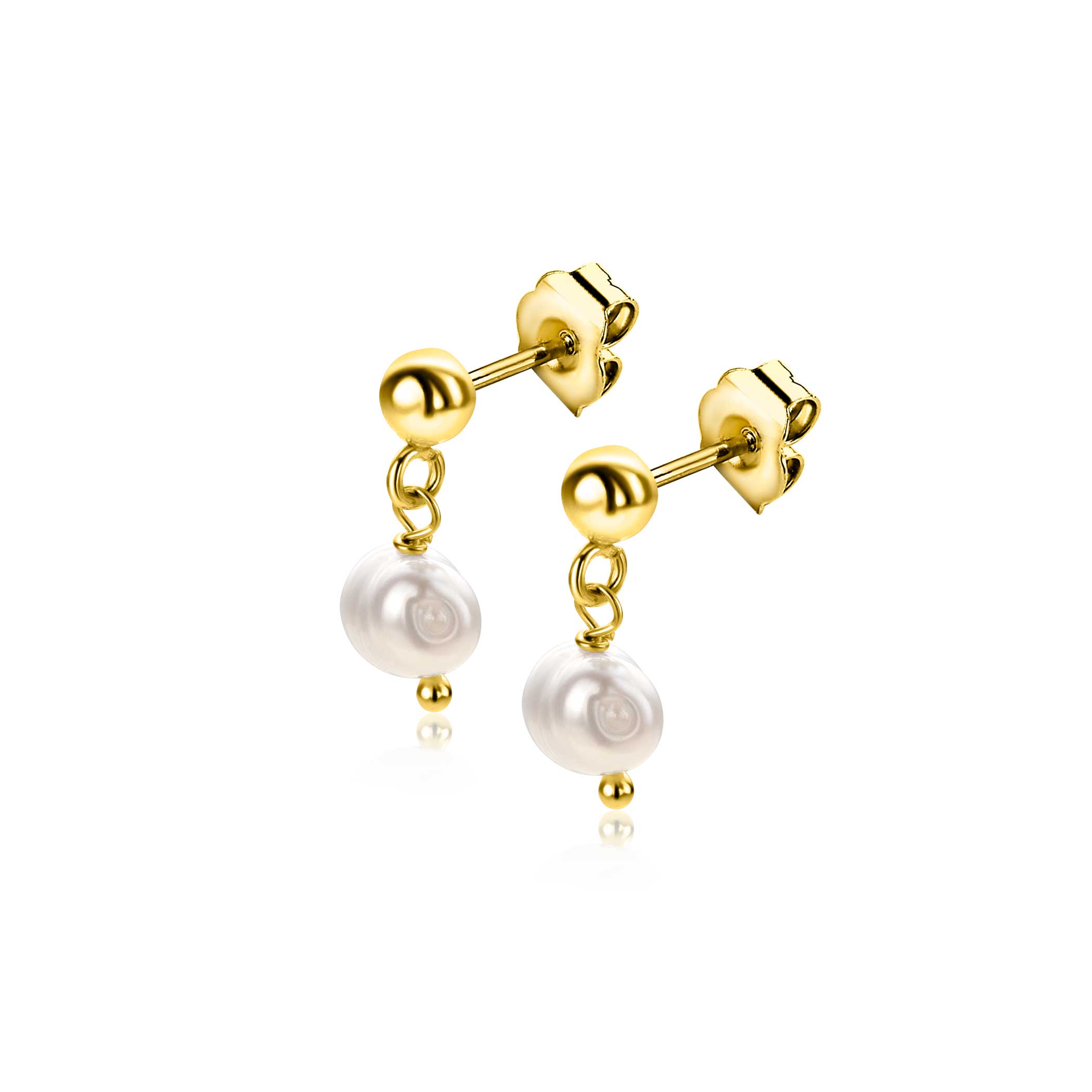 15mm ZINZI gold plated zilveren oorstekers met bungelend witte zoetwaterparel 6mm in organische vorm ZIO2643