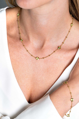 ZINZI gold plated zilveren ketting met bolletjes en rond groen Swarovski crystals 42-45cm ZIC2348