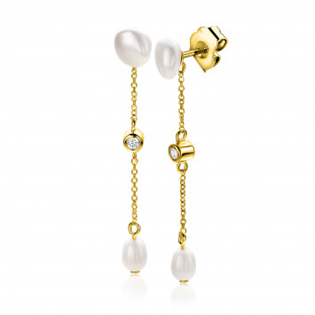 40mm ZINZI gold plated zilveren oorstekers met kettinkje en ovale witte zoetwaterparels ZIO2657