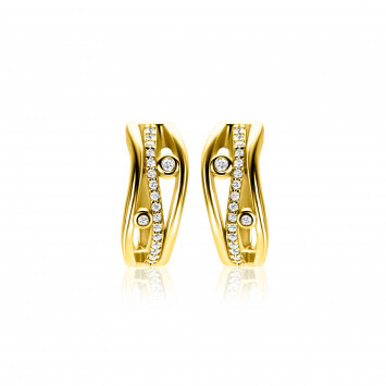 16mm ZINZI gold plated zilveren multi-look oorringen in golvend design, bezet met witte zirkonia's en luxe klapsluiting ZIO2685