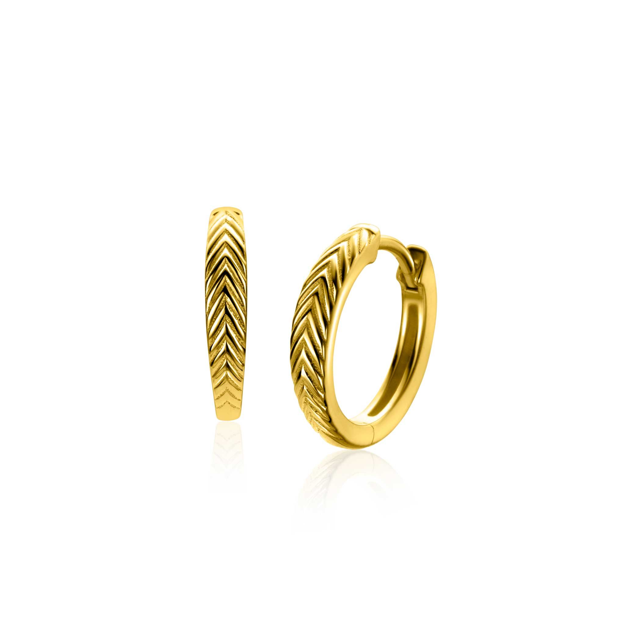 15mm ZINZI gold plated zilveren oorringen met veertjesmotief 3mm breed en luxe klapsluiting ZIO2644G