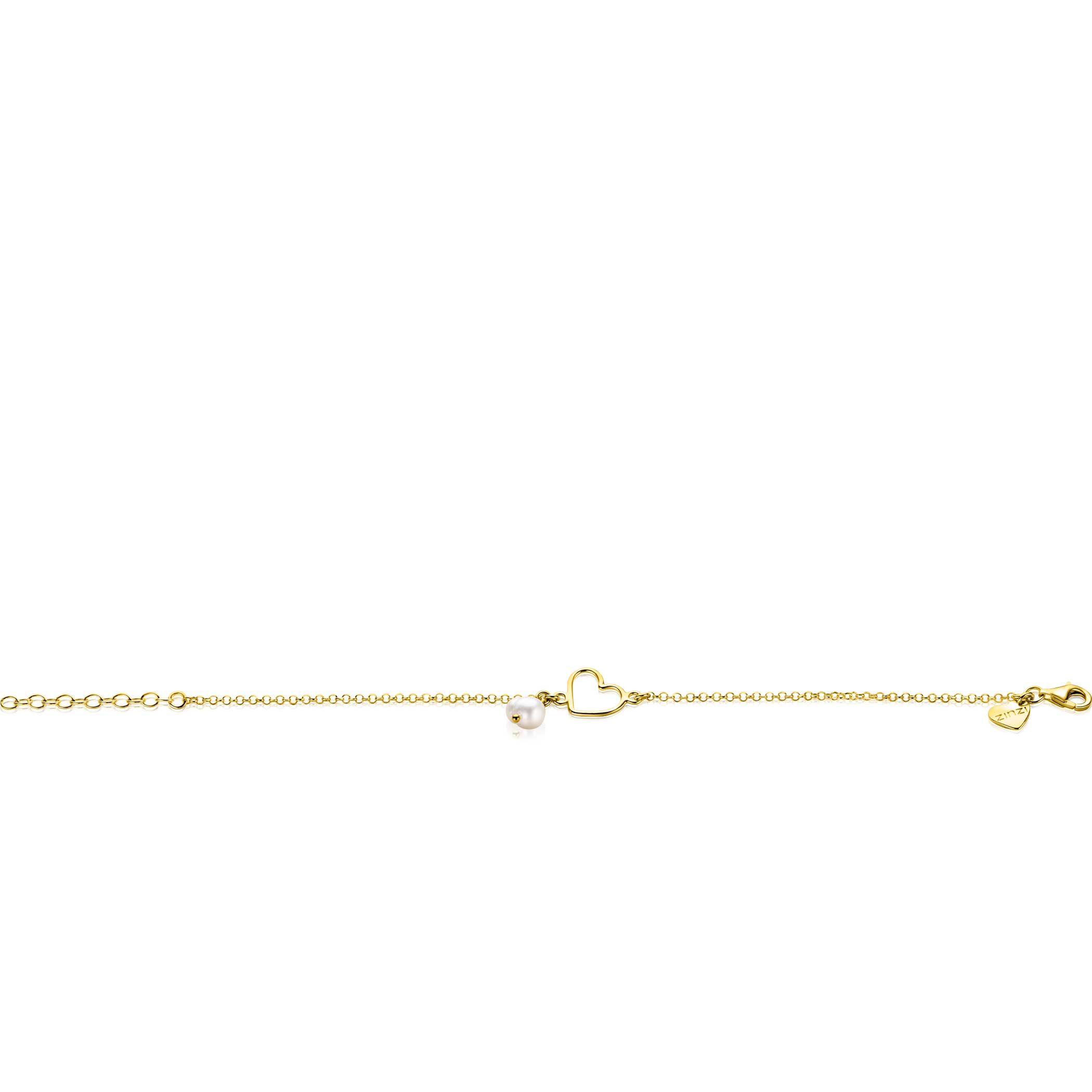 ZINZI gold plated zilveren armband met open hartje en bungelend witte zoetwaterparel 16-19cm ZIA2642