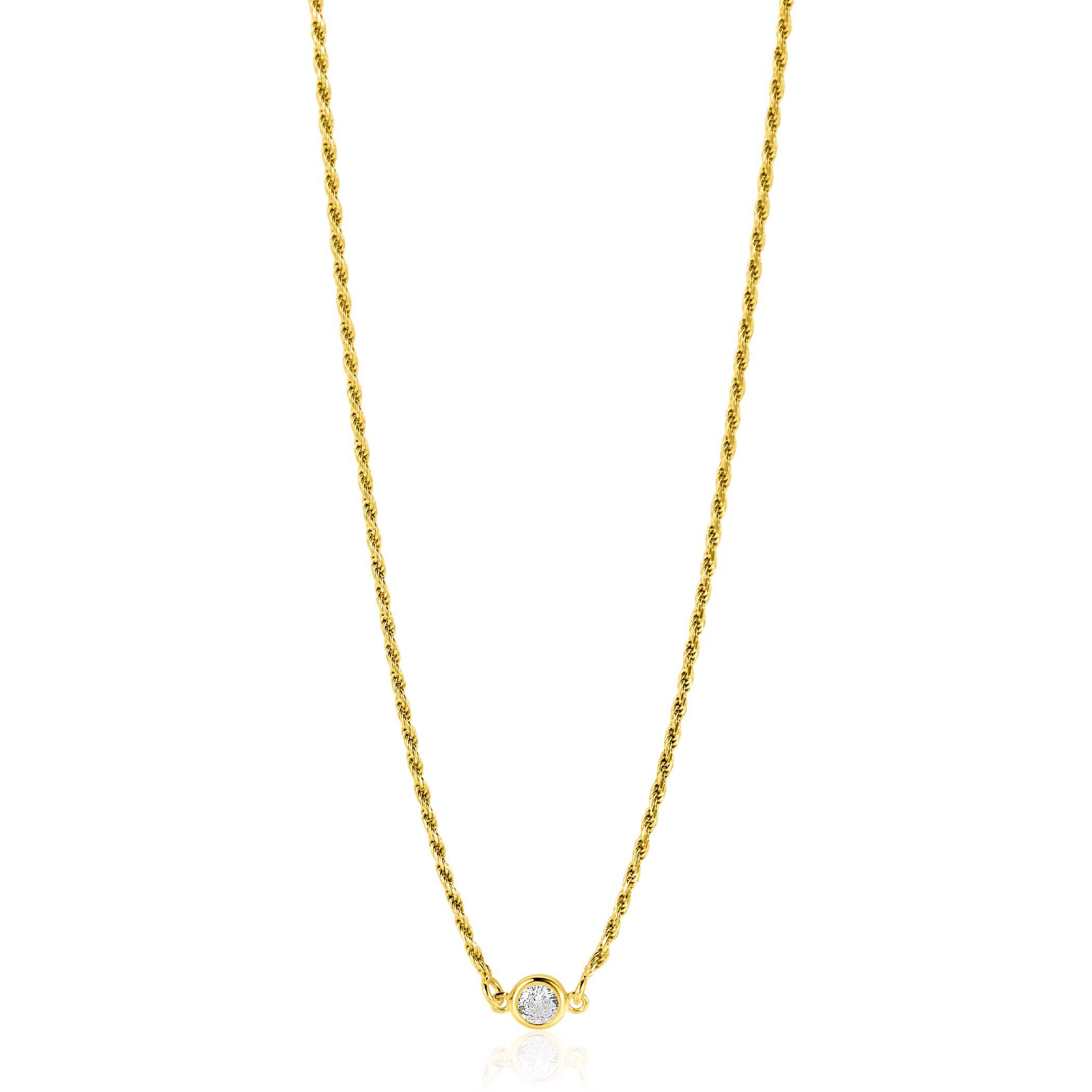 ZINZI gold plated zilveren koord ketting bezet met een ronde witte zirconia 40-45cm ZIC2461Y