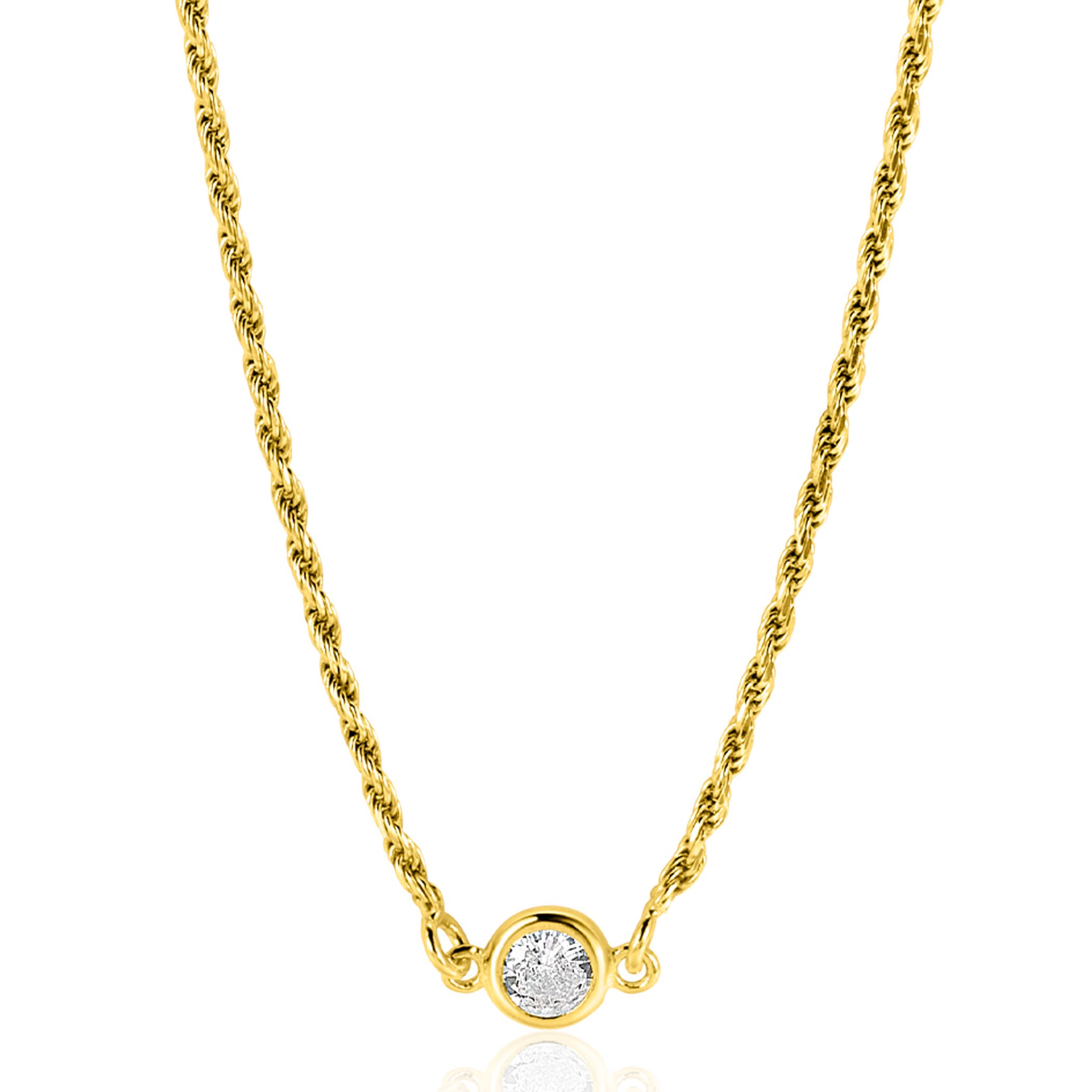 ZINZI gold plated zilveren koord ketting bezet met een ronde witte zirconia 40-45cm ZIC2461Y