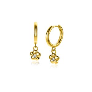 22mm ZINZI gold plated zilveren oorringen 14mm met bungelende bloemetjes bezet met witte zirconia ZIO2620