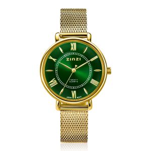 ZINZI Twenty horloge met groene wijzerplaat, geelgoudkleurige stalen kast 34mm en stalen meshband ZIW2054