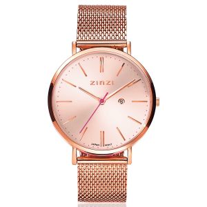 ZINZI Retro horloge roségoudkleurige wijzerplaat en kast stalen mesh band roségoudkleurig 38mm extra dun ZIW405M