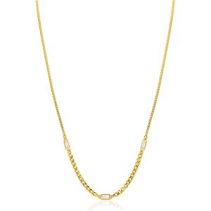 ZINZI gold plated zilveren ketting met gourmet schakels in verschillende breedtes, gecombineerd met drie rechthoekige baguette geslepen zirconia's 42-45cm ZIC2410