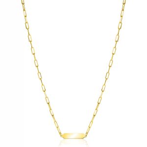 ZINZI gold plated zilveren ketting met paperclip-schakels en glanzend rechthoekig plaatje om te graveren 42-45cm ZIC2530G