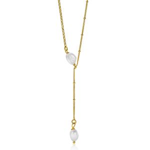 ZINZI zilveren Y-collier 14K geel verguld 45cm bolletjes witte parels ZIC2187G