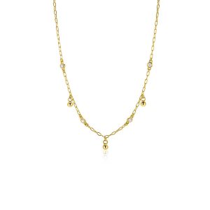 ZINZI gold plated zilveren schakelketting met vier witte zirkonia's en 3 ronde bolletjes, gelijkmatig verdeeld over de ketting 42-45cm ZIC2658