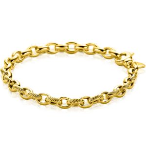 ZINZI gold plated zilveren brede schakelarmband (6mm breed) met luxe jasseron schakels in glad en bewerkt 20cm ZIA2638