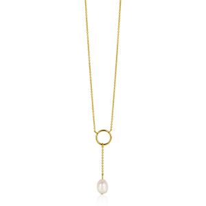 ZINZI gold plated zilveren Y-ketting met open rondje en bungelend witte zoetwaterparel in organische vorm 42-45cm ZIC2615