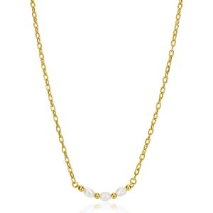 ZINZI gold plated zilveren schakelketting met drie witte natuurlijk gevormde zoetwaterparels in het midden 42-45cm ZIC2643