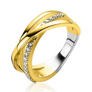 ZINZI gold plated zilveren luxe cross-over ring glad met witte zirconia's ZIR1774Y