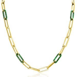 ZINZI gold plated zilveren ketting met paperclip-schakels en trendy schakels in malachietgroen 43cm ZIC2548