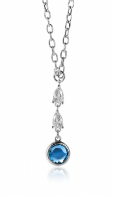 ZINZI zilveren schakelketting met hanger (31mm) bezet met twee peervormige witte zirconia's en een ronde blauwe kleursteen 40-45cm ZIC-BF69