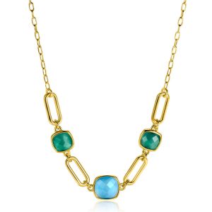 ZINZI gold plated zilveren collier met paperclip schakels en groen turquoise kleurstenen ZIC2332