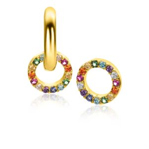 ZINZI gold plated zilveren oorbedels rond 8mm bezet regenboog kleuren ZICH2170 (zonder oorringen)