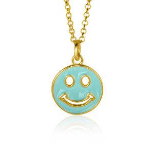 ZINZI gold plated zilveren hanger smiley rond 15mm met turquoise emaille ZIH2312T (zonder collier)