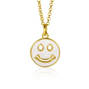 ZINZI gold plated zilveren hanger smiley rond 15mm met wit emaille ZIH2312W (zonder collier)